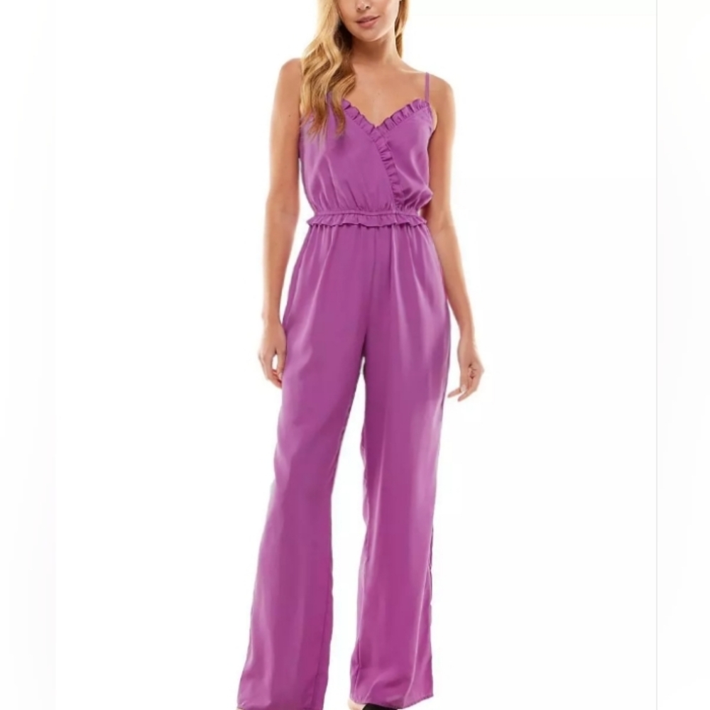 Kingston Grey | Junior's Purple Ruffled V-Neck Jumpsuit Juniors XL.